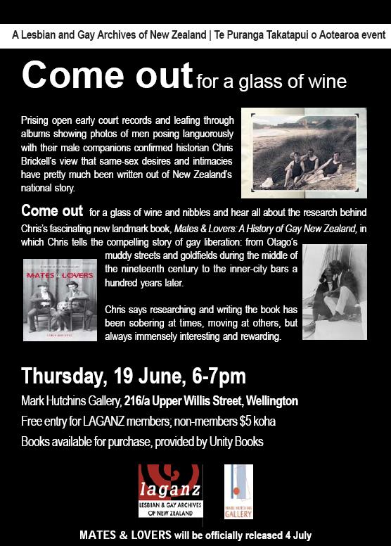 Flyer for Pre-launch event: Chris Brickell's 'Mates & Lovers: A History of Gay New Zealand'